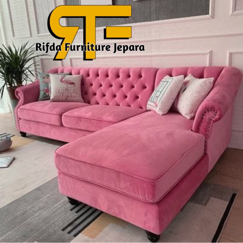 Kursi Sofa Tamu Sudut Soft Pink Modern ( Kursi Sofa Best Seller / Sofa Sudut )