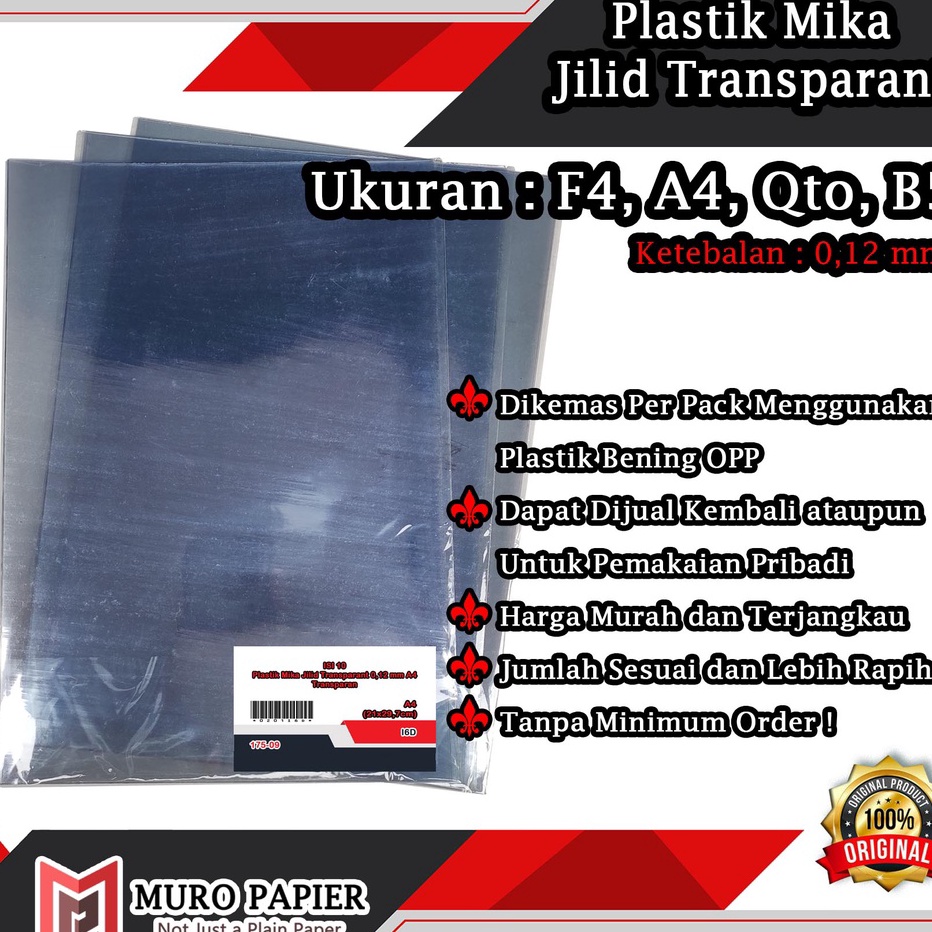 

PER PAK ISI 1 Plastik Mika Jilid Transparant 12 mm A4 F4 Qto B5 by Muro Papier