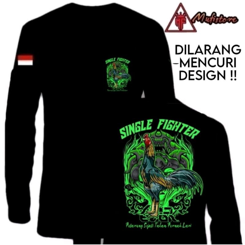 KAOS LENGAN PANJANG AYAM BANGKOK PETARUNG CORAK HIJAU