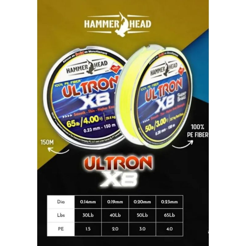 SENAR PE HAMMERHEAD / SENAR PE ULTRON X8 FLU YELLOW.  SENAR PANCING PE. BENANG PANCING. SENAR PE.