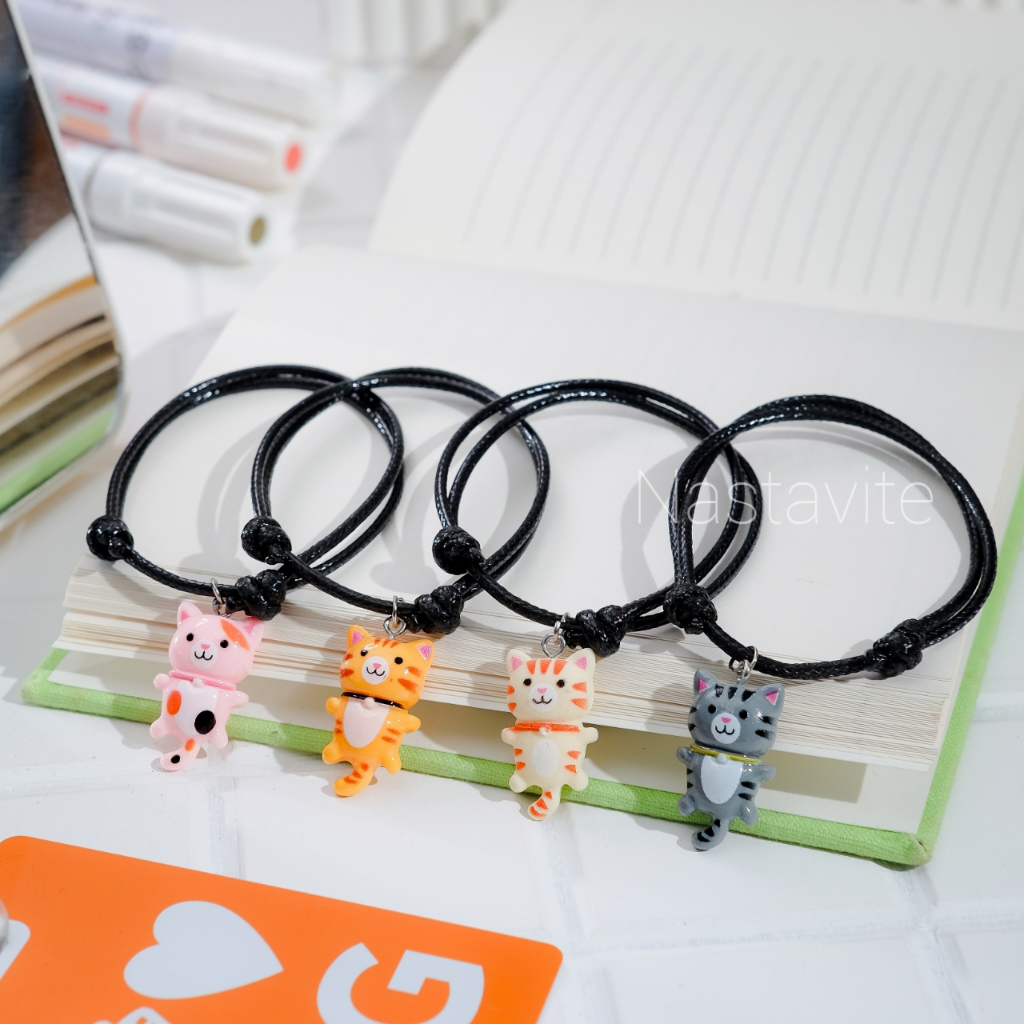 Gelang Liontin Kucing Couple Sahabat Pacar Simple Tali Korean Style Aesthetic Hitam Polos Murah