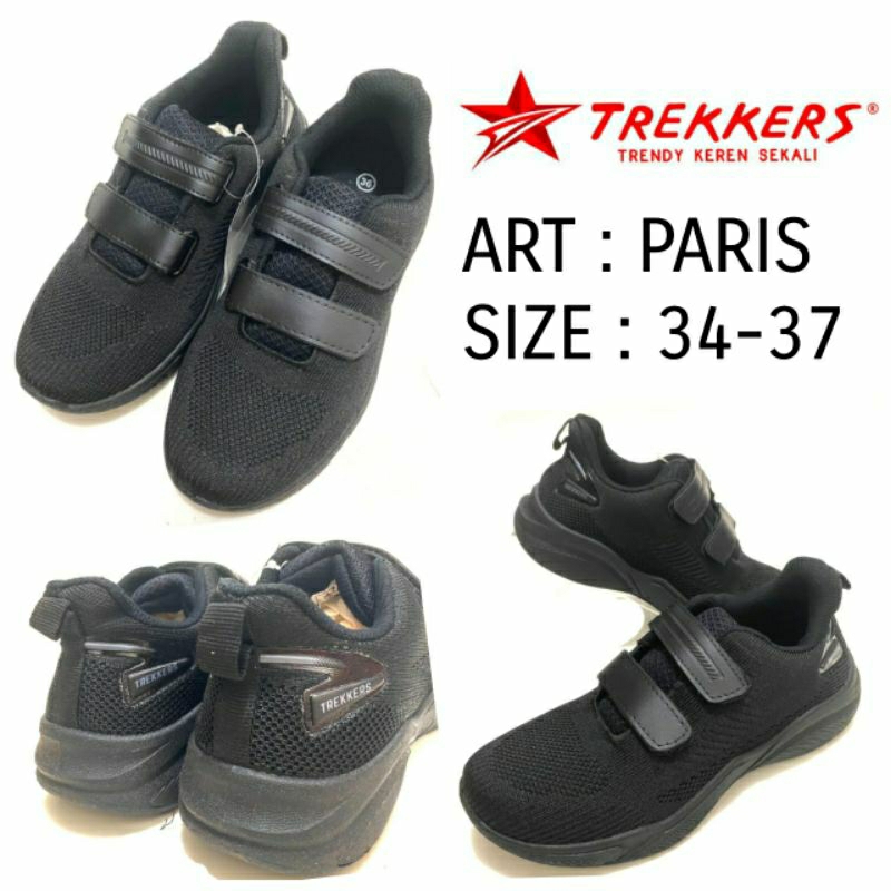 Sepatu Sekolah Kreketan Sneakers Original Trekkers PARIS Size 34-37 Warna All Black / Sepatu Trekker