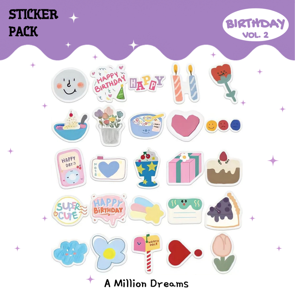 

BIRTHDAY VOL.2 - 8 PCS BIRTHDAY STICKER PACK WATERPROOF + FREEBIES | stiker cute stiker die cut stiker vinyl doff stiker laptop gitar stiker koper botol stiker korean style stiker ulang tahun aesthetic stiker murmer free sticker
