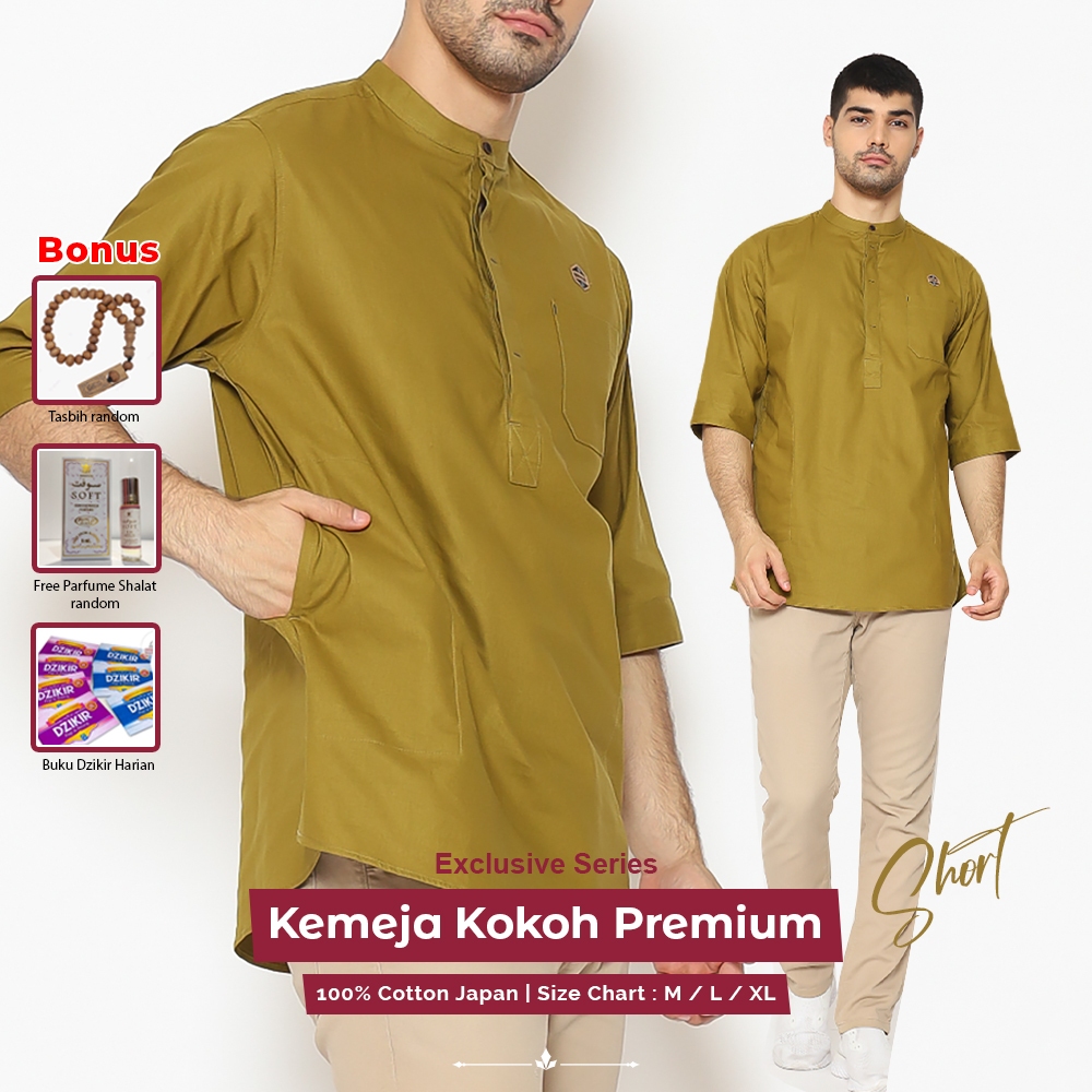 Kemeja Koko Kemko Pria Kerah Sanghai Polos Lengan Pendek Bahan Katun Premium Baju Muslim Cowok Dewas