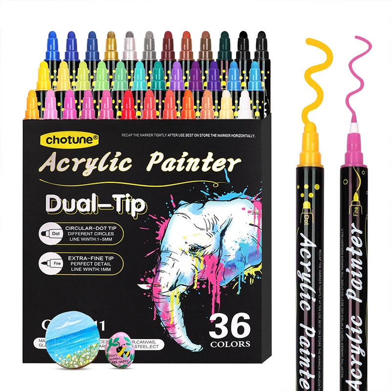 

[DOTDING] 12/24/36 Colors Double Ended Acrylic Water Powder Marker Waterproof Art Painting Supplies School Stationary Appliable for Rock Fabric Wood Glass Ceramic Paint Pen