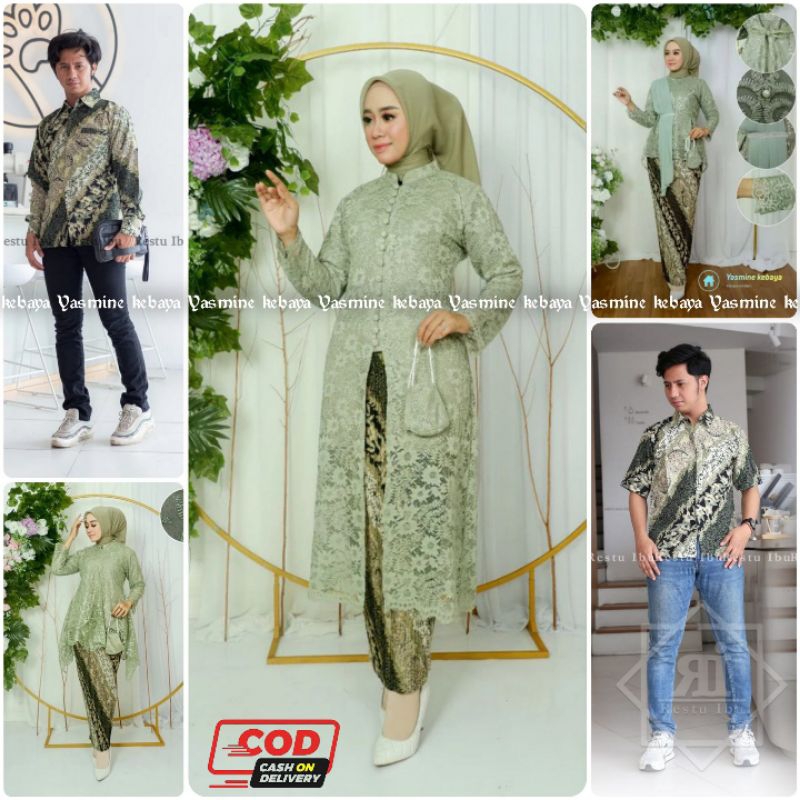 Setelan Baju Couple Kebaya Tunik Brukat Busui Set Kemeja Batik Pria Motif CM Sage / Couple Kebaya Ib