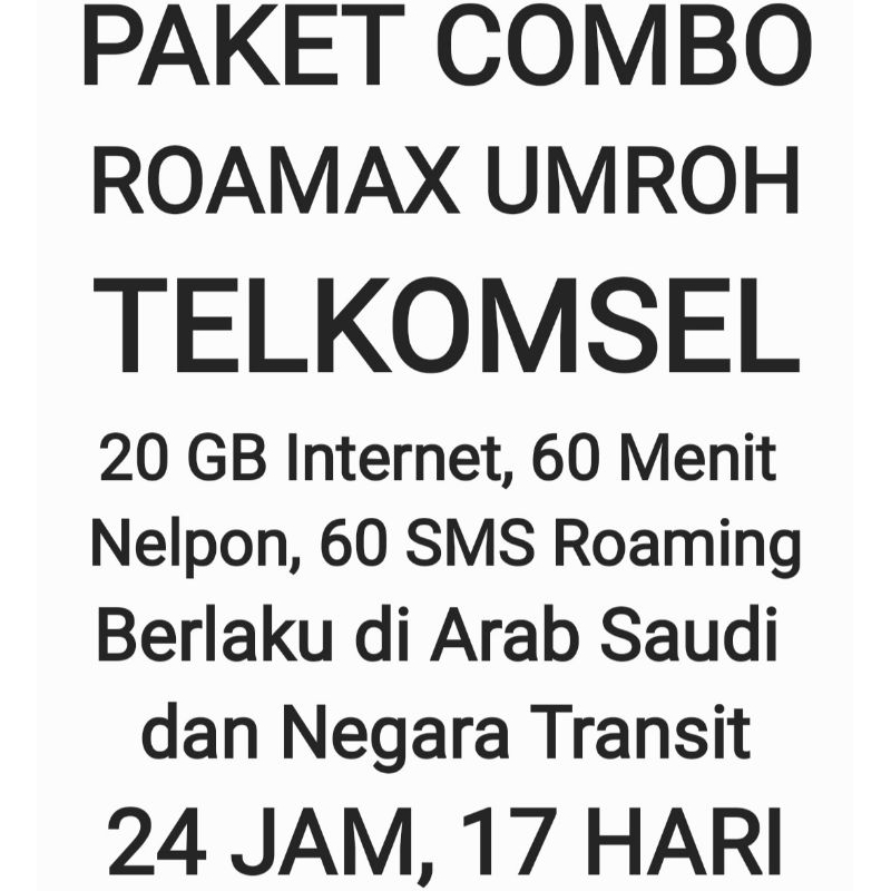 Paket Combo Roamax Roaming Umroh Umrah Telkomsel Luar Negeri Negri 20GB Tsel Internet Kuota Data Nel