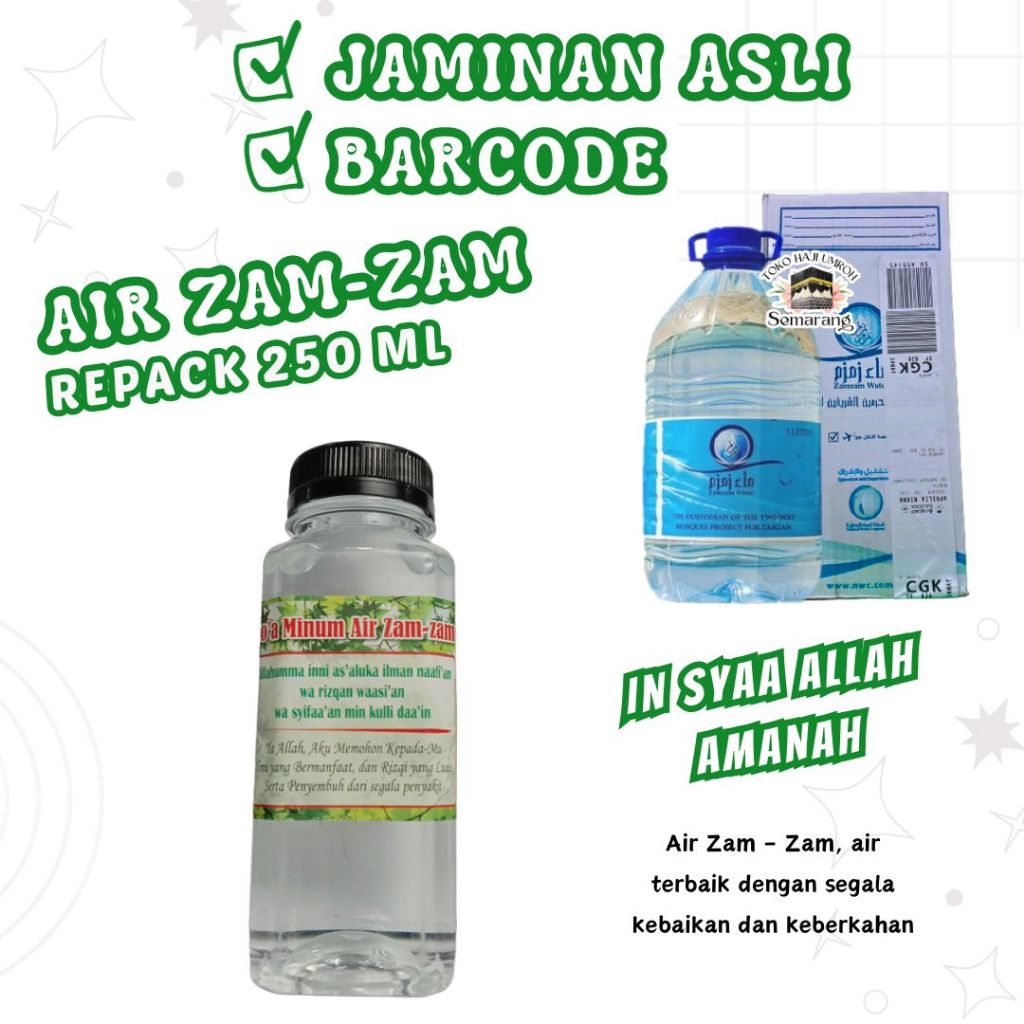 

Air Zam Zam Barcode 250 ML Jaminan Original Asli 100% Barcode Pipiclo Minuman Import Arab Saudi Oleh-Oleh Paket Haji Dan Umroh