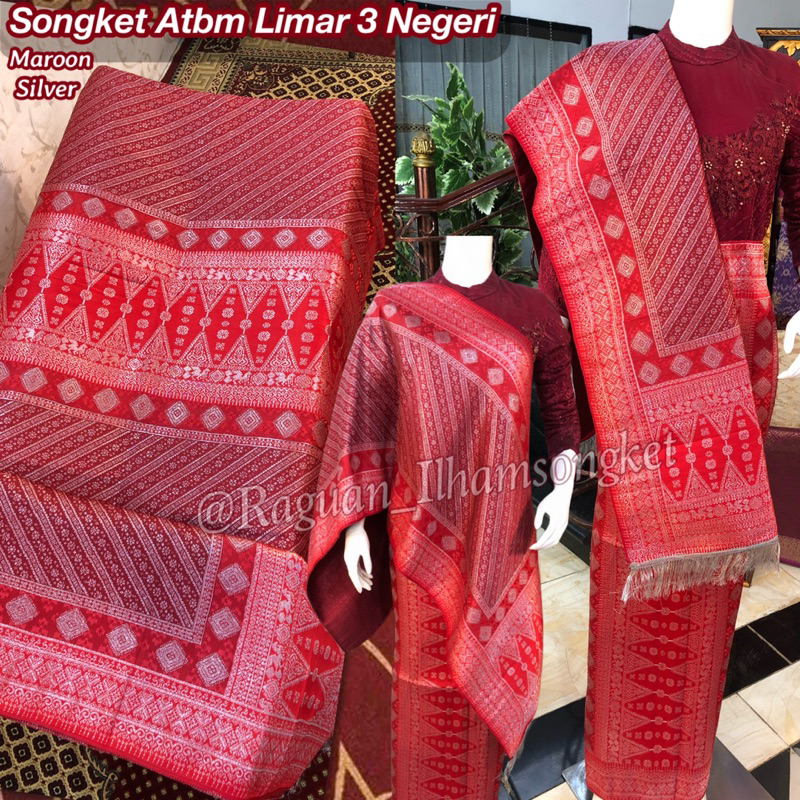 NEW Songket Atbm Limar 3 Negeri Exclusive k16 Merah Maroon Silver/ Songket Tenun Mesin Palembang ilham Songket  / Motif Pulir