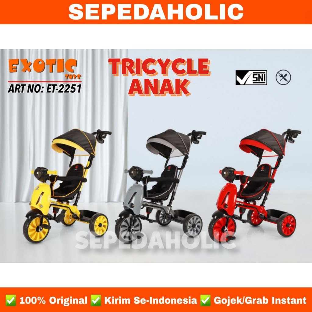 Sepeda Anak Roda 3 Tiga EXOTIC ET 2251 Model Motor Tricycle Stroller Anak