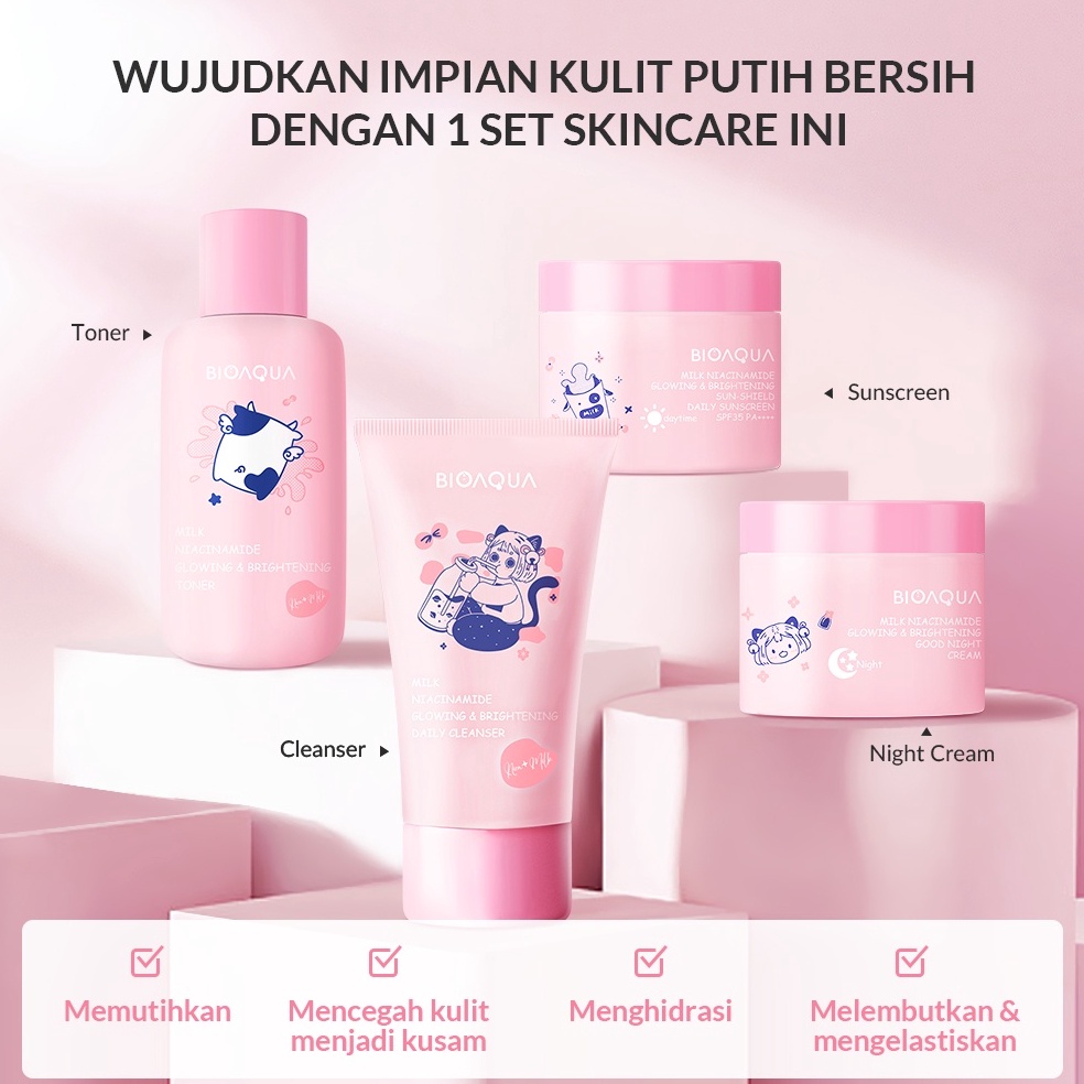 MURAH LEBAY BIOAQUA 4pcs Skincare Paket Niacinamide Glowing  Brightening  Tea Tree Oligopeptide Acne
