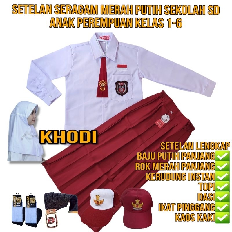 setelan seragam merah putih sd perempuan lengan panjang rok panjang merah pakaian seragam sekolah SD