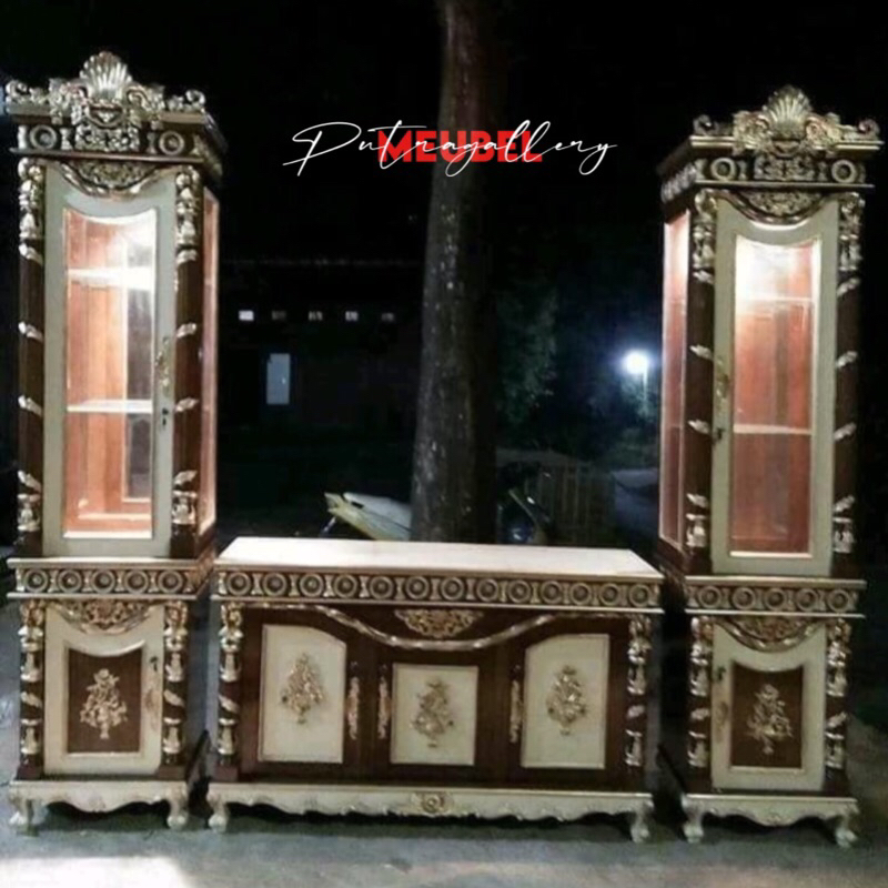 Bufet Meja TV Pisah Ukir Selendang Full Kayu Jati Jepara Finishing Motif Marmer