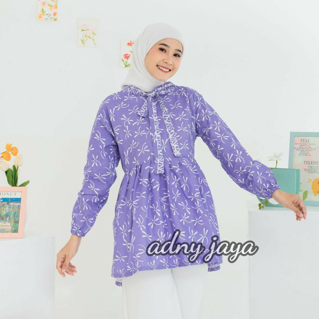 Atasan Batik Wanita Blus Batik Capung Biru Model Peplum Payung Blus Jumbo Terbaru Adnyjaya