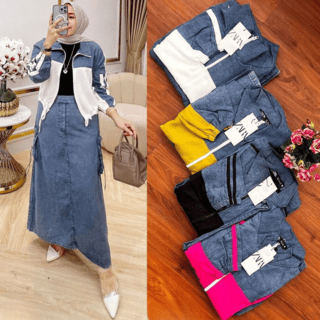 Angeline Set Rok Jeans + Jaket | One Set Atasan + Rok Katun Toyobo Terbaru | Setelan Wanita Kekinian