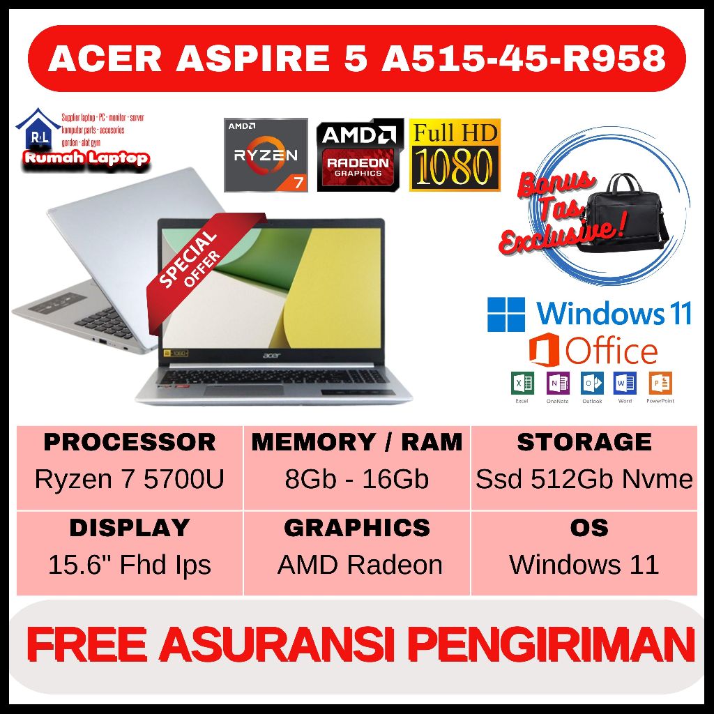 BEST SELLER Laptop Gaming Acer A515-45-R958 Ryzen 7 Ram 16gb Ssd 512gb 15.6" Full Hd Ips Vga Amd Radeon Windows 11 Baru Murah - Laptop Aspire 5 Bonus Tas Mousepad