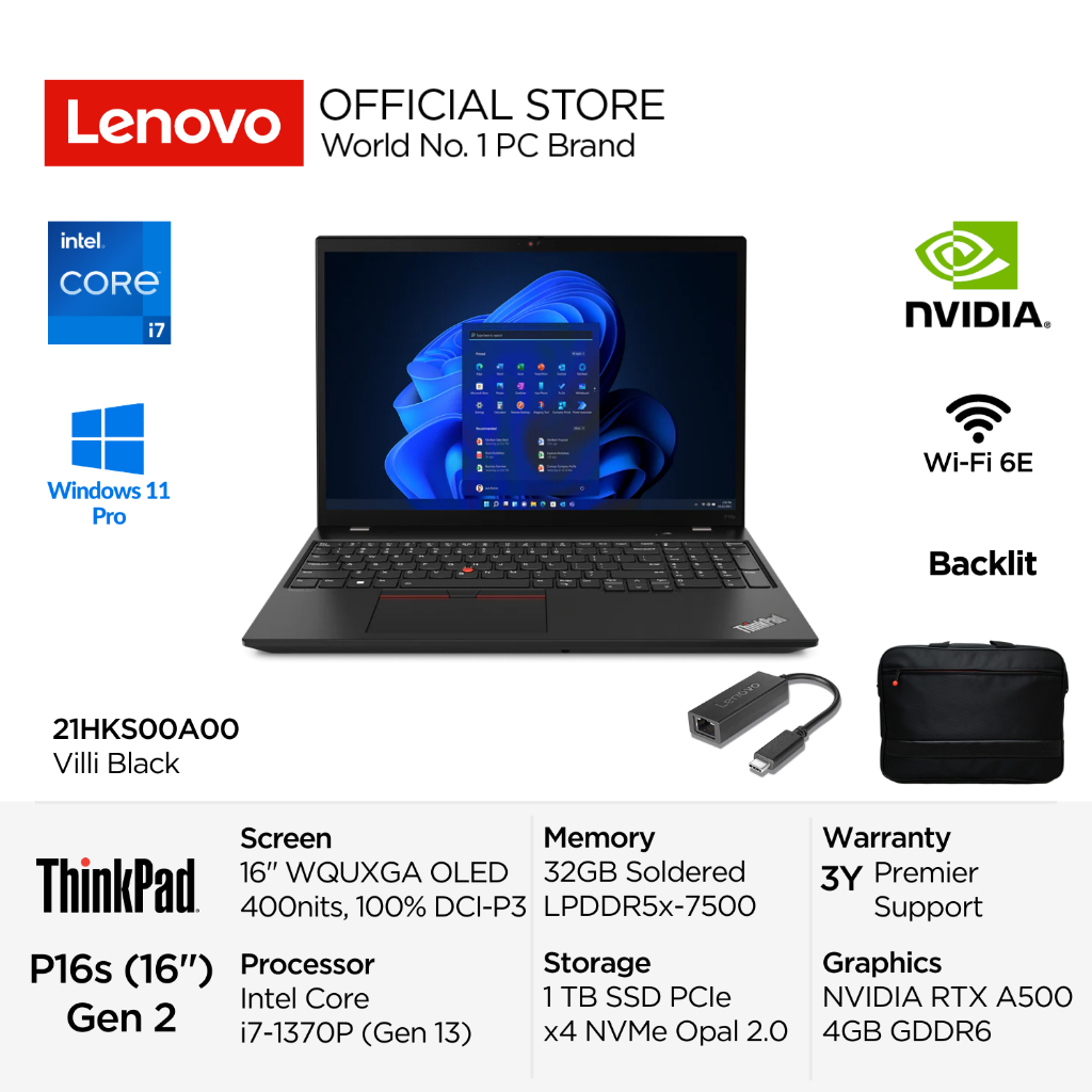 Lenovo ThinkPad P16s Gen 2 0A00 Intel Core i7 1370P vPro Win11 Pro 32GB 1TB SSD Opal 2.0 NVIDIA RTX A500 4GB 16" WQUXGA OLED Anti-smudge 100% DCI-P3 5.0MP + IR Backlit Fingerprint Laptop Bisnis Mobile Workstation P 16inch 21HKS00A00 Villi Black Garansi
