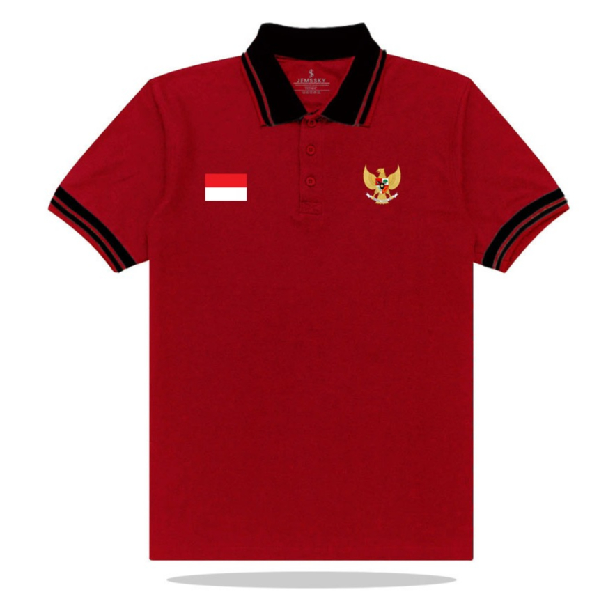 Jemssky - Polo Shirt Merah Kombinasi Print Garuda Merah Putih Terkeren T-Shirt Baju Santai Baju Kerj