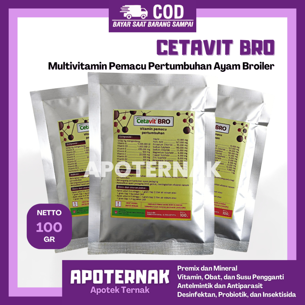 CETAVIT BRO 100 gram - Multivitamin Pemacu Pertumbuhan Untuk Ayam Broiler - Vitamin Ayam Broiler - V