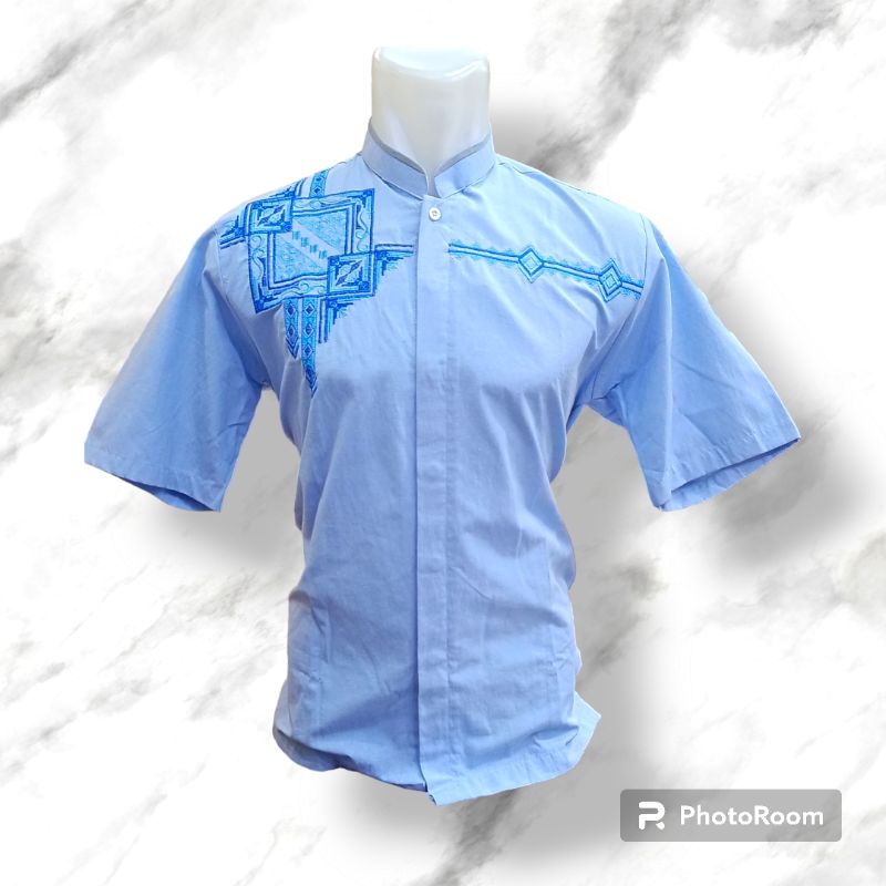 Baju Koko Lengan Pendek Biru Muda Bordir