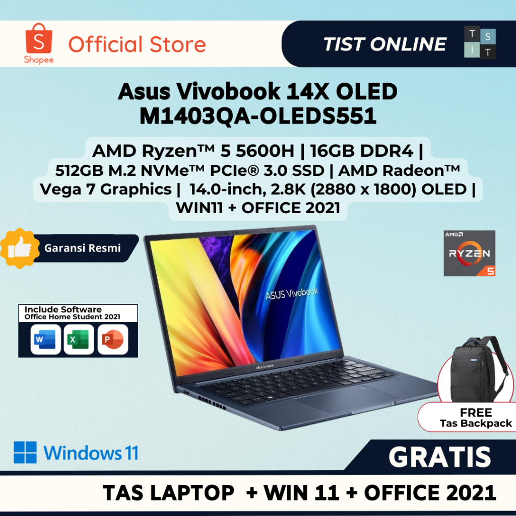 Asus Vivobook 14X OLED M1403QA-OLEDS551 Ryzen 5 5600H 16GB SSD 512GB