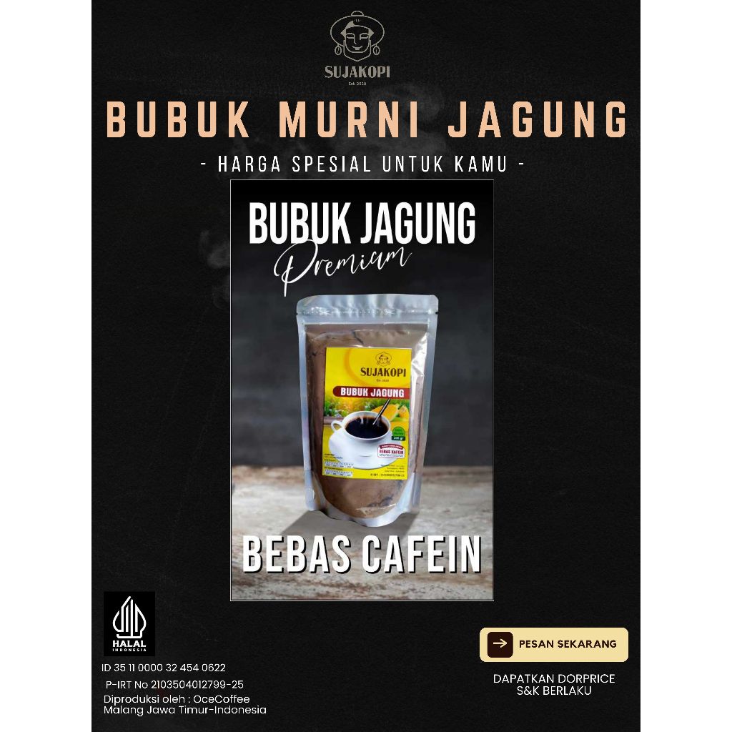 

Paket usaha 5pcs ( 1kg ) bubuk kopi jagung 100% murni aman magh lambung dan diabetes free deabetasol tidak mengandung kafein