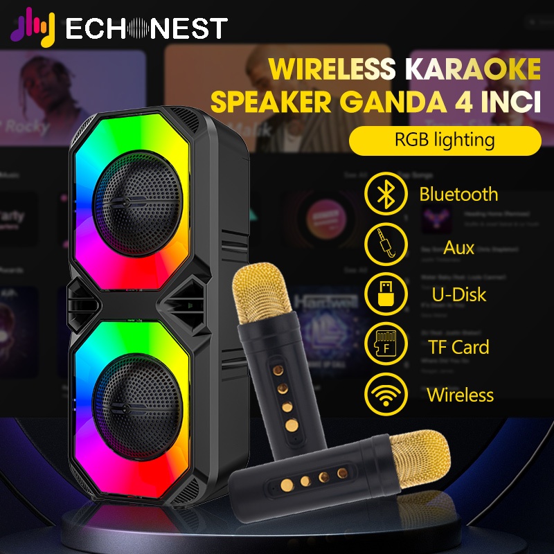 COD✓ Speaker bluetooth super bass 15 inch karaoke LED Portabel loud sound Free Mic salon aktif dengan LED kelap kelip disco PLAY USB/AUX/TF CARD