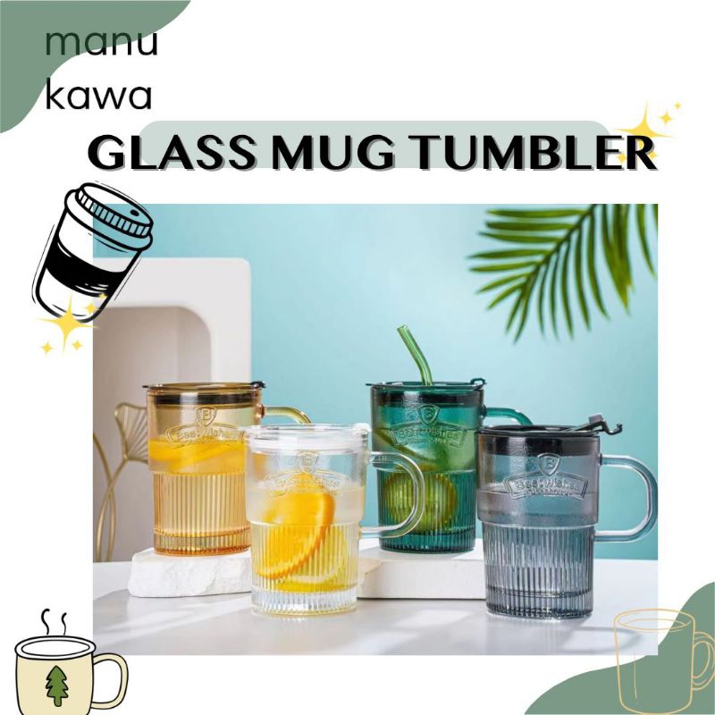 Gelas Kaca Tumbler Dengan Tutup dan Sedotan Kaca - Kaca Tebal Kapasitas Besar Glass Cup Tropical Edi