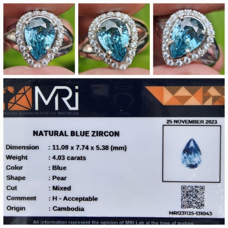 Natural Blue Zircon Top Luster Lady Ring Memo 4.03 crt
