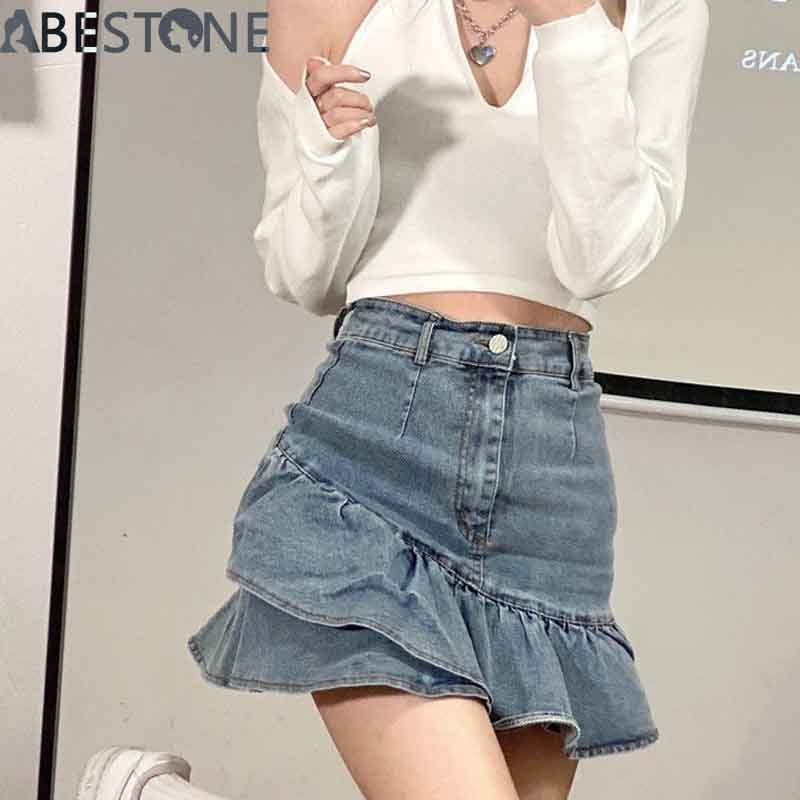 Rok Denim Pinggang Tinggi Retro Wanita Rok denim bentuk A