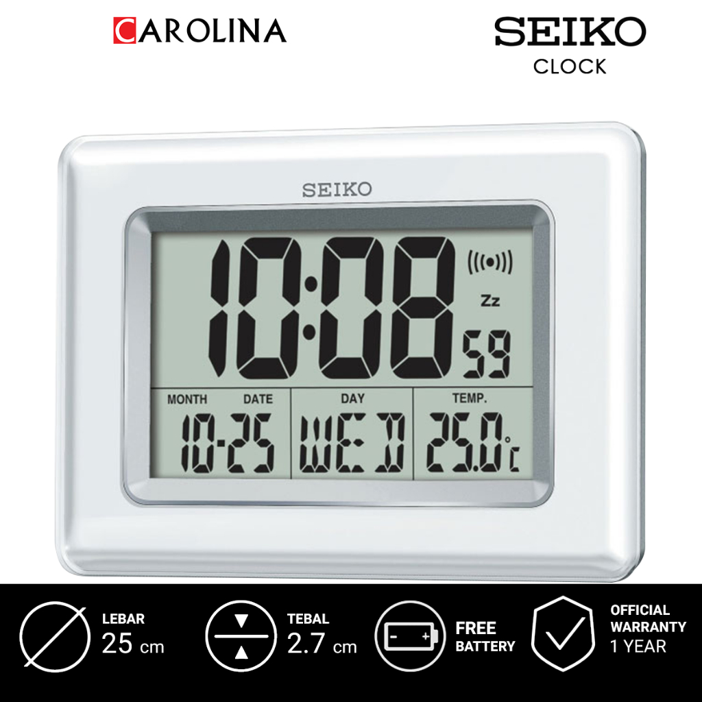 Jam Dinding SEIKO QHL058W Digital Alarm White Plastic Case LCD Dial Thermometer Bedside / Desk & Tab