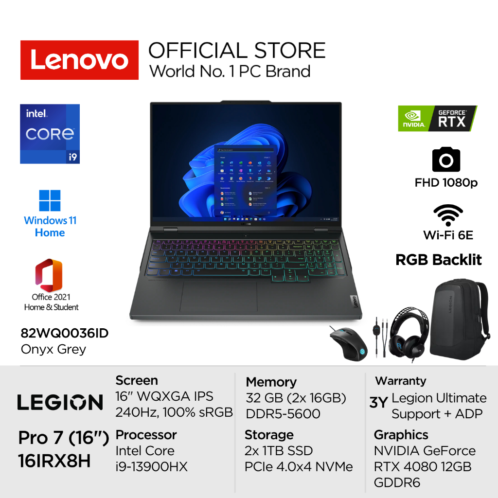 Lenovo Legion Pro 7i 16IRX8H 36ID Intel Core i9 13900HX Win11 32GB 2TB SSD NVIDIA RTX 4080 12GB 16" WQXGA IPS 240Hz 100% sRGB 500nits G-Sync Antiglare RGB Backlit OHS Laptop Gaming Editing 16inch Diskrit 82WQ0036ID Grey Garansi Windows Home Office Gen13