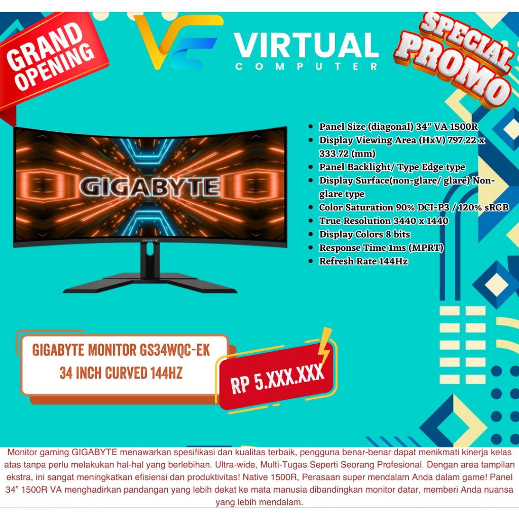 Gigabyte Monitor GS34WQC-EK 34 Inch Ultra Wide 144Hz