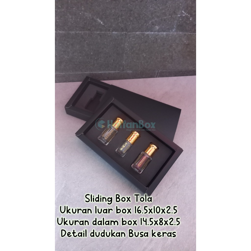 

Sliding Box Botol Parfum Tola Dudukan Busa Tebal
