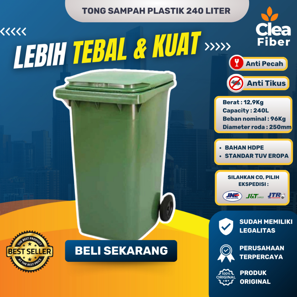 TONG SAMPAH PLASTIK 240 LITER BERODA, HARGA TEMPAT SAMPAH PLASTIK BESAR RODA 2