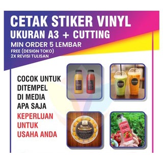 

Cetak Stiker Vinyl A3+ Cutting kiss Cut anti air , cocok buat label kemasan minuman makanan ,dingin & Beku