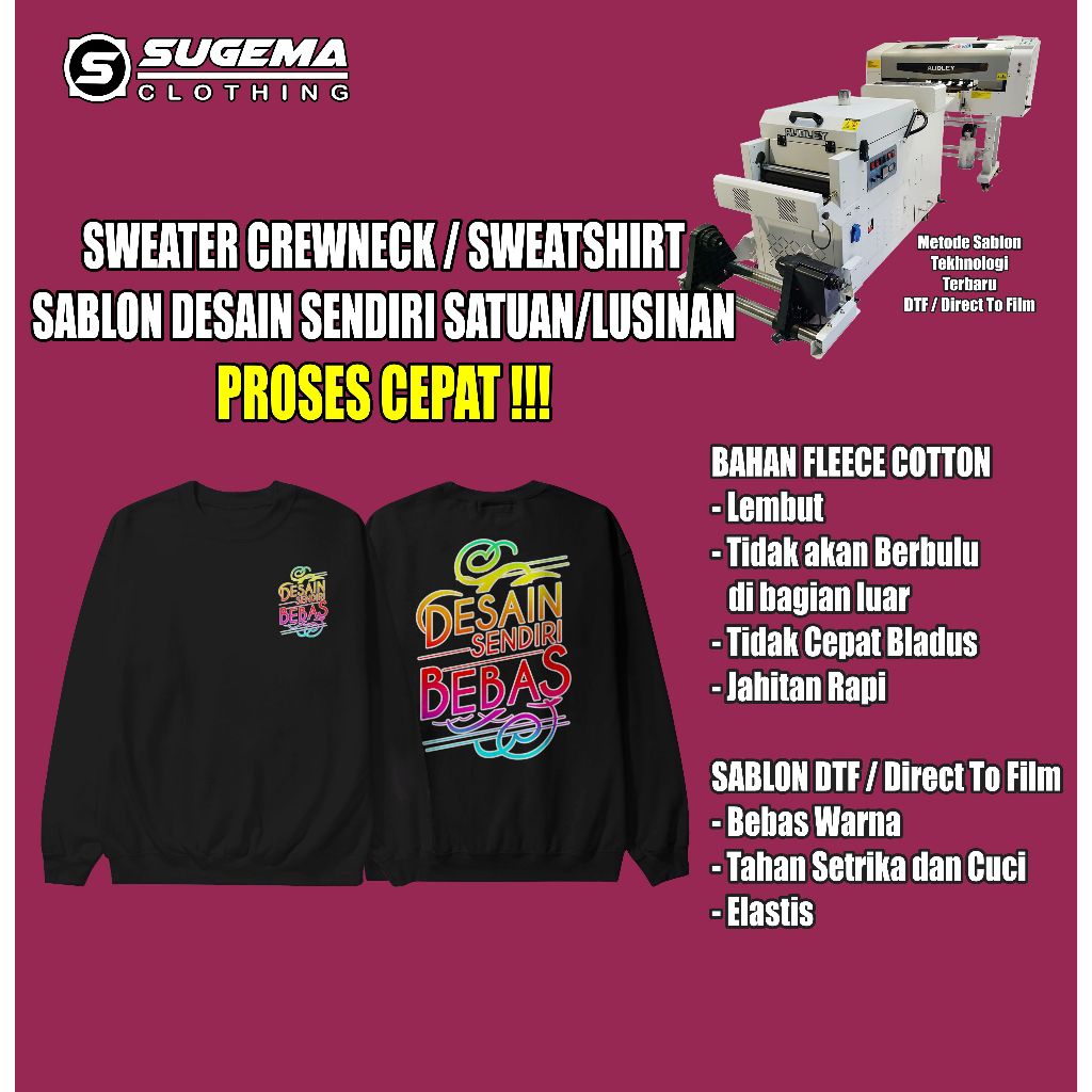 Sweater Crewneck / Sweatshirt Custom Sablon Satuan / Lusinan
