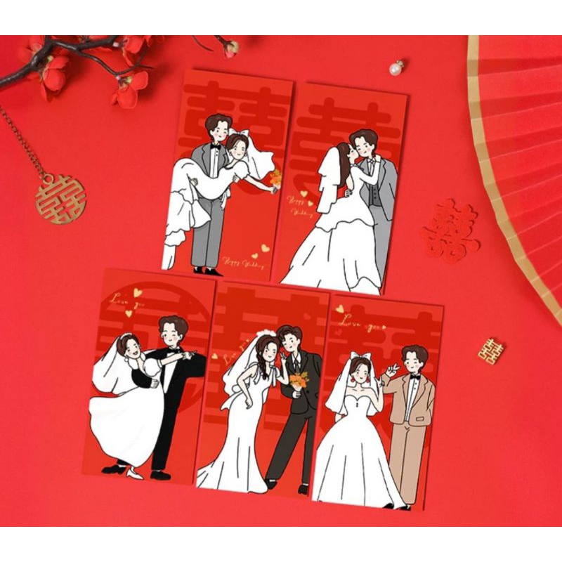 

ANGPAO MERAH PANJANG SHUANG XI BRIDE GROOM CARTOON KARIKATUR COUPLE DOUBLE HAPPINESS ANGPAU SANGJIT UNIK LUCU MODERN WEDDING