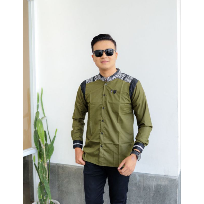 Baju Koko Elrumi Terbaru Motif Tanduk rusa Batik Warna Hijau Kemeja Pria Lengan Panjang Terlaris Toy
