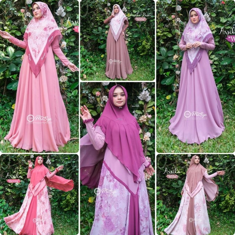Masya Set Gamis Dress Ceruty Babydoll Syari Branded Printing Ungu Wine - Pink Berry - Coklat Milo Me