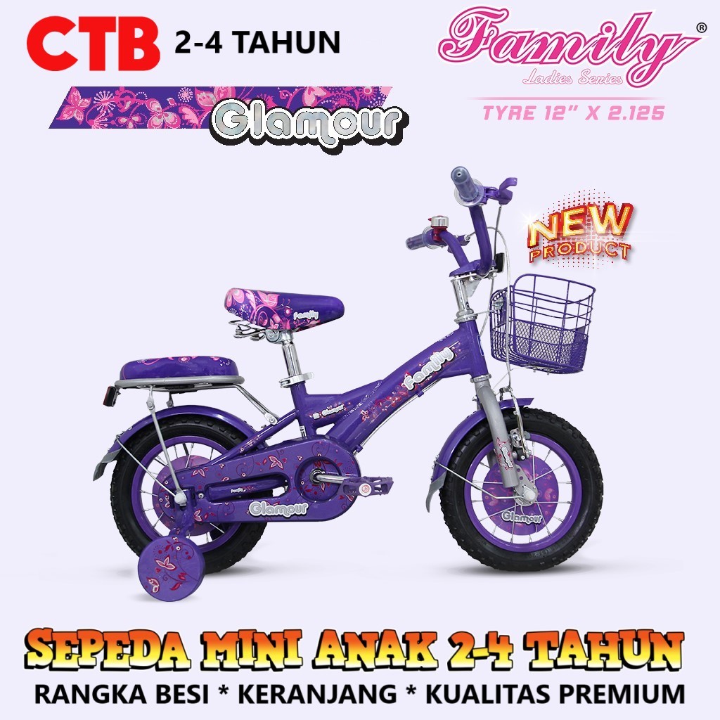 12" Family Glamour CTB 2-4 Tahun Low-Step Frame City Bike Naik Turun Mudah Sepeda Anak Perempuan