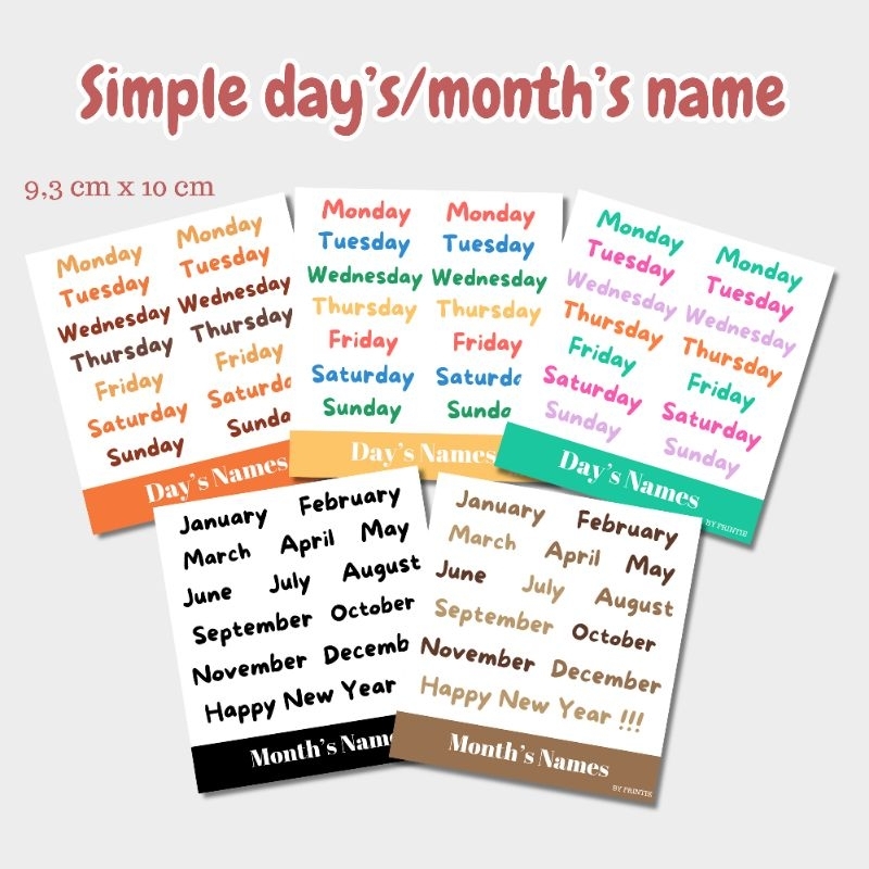 

[1 lbr] sticker sheet nama hari/bulan tema simple