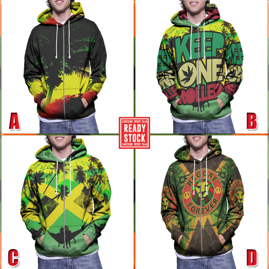 Jaket Fullprint Hoodie Jamaica Reggae Hoodie Ritsleting Bahan Polyester Jersey [New Zipper Hoodie Fu