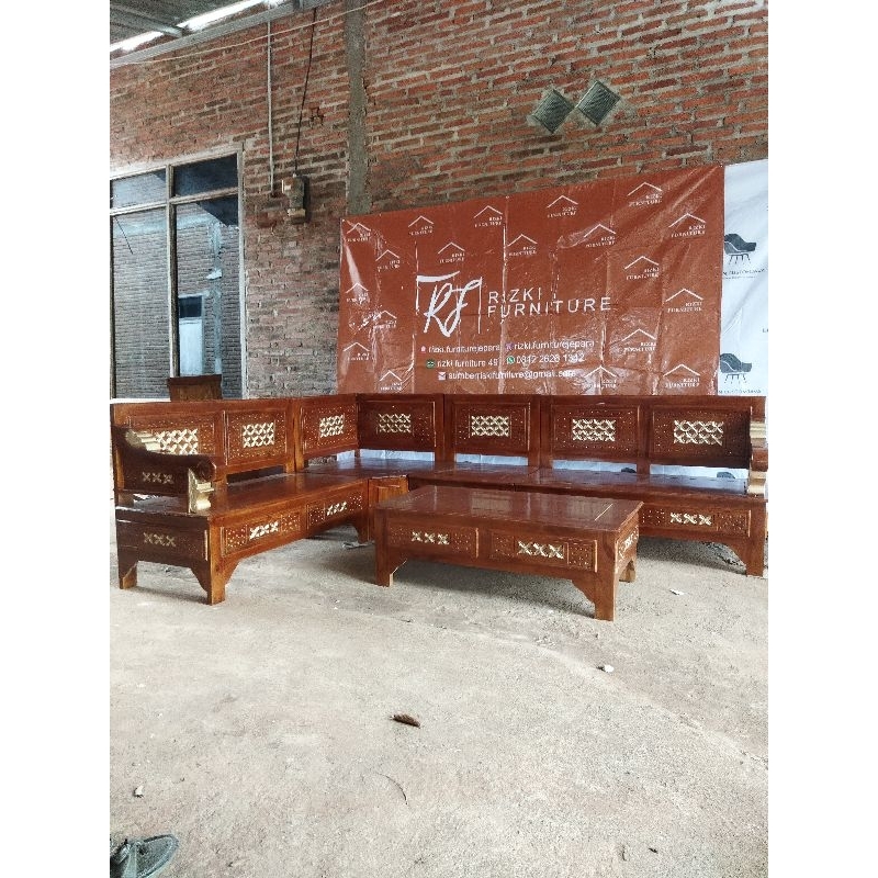 Kursi Sudut Modern/ Kursi Sudut Motif Kawung/Kursi Sudut Kayu Jati