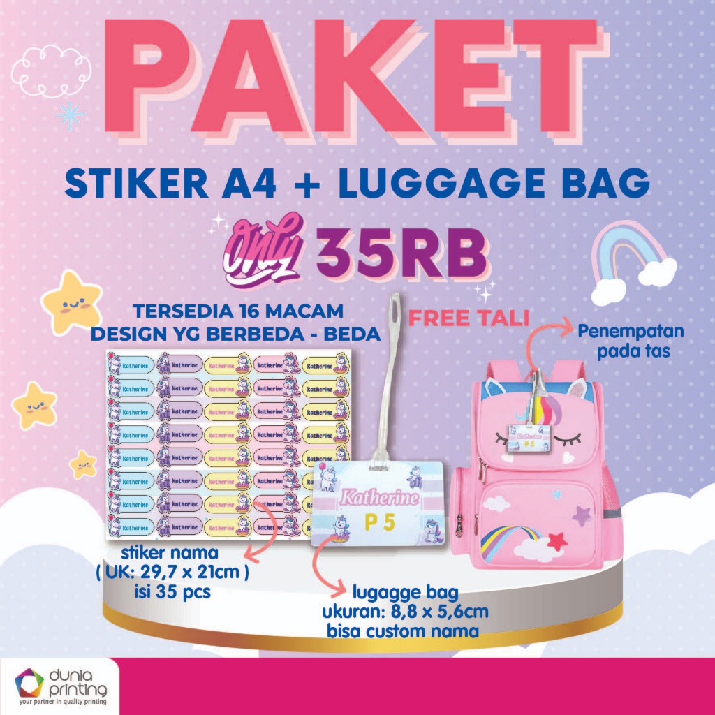 

Paket Stiker Nama dan Bag Tag / Gantungan tas anak / Luggage tag