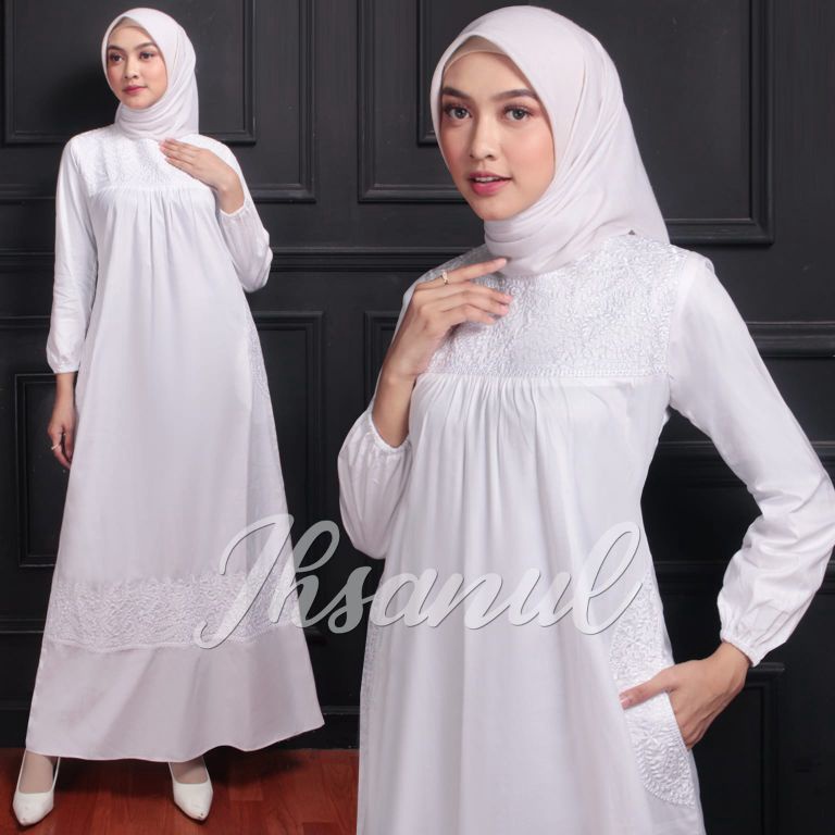 Gamis Katun twill  Gamis Putih Katun Twill Kombinasi Bordir Komputer Asli  Gamis Katun Twill Ori