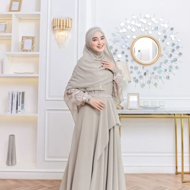 KhilyaaFashion-GAMIS MUSLIMAH ALESHA ORI BY ELHA INDONESIA / DRESS LEBARAN BAHAN CERUTY MIX BROKAT P