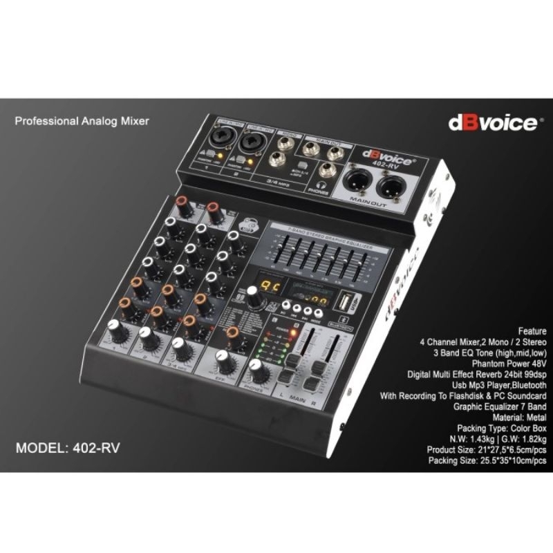 Mixer DBVOICE 402 RV Original Bluetooth Mixer 4 Channel 2Mono 2 Stereo