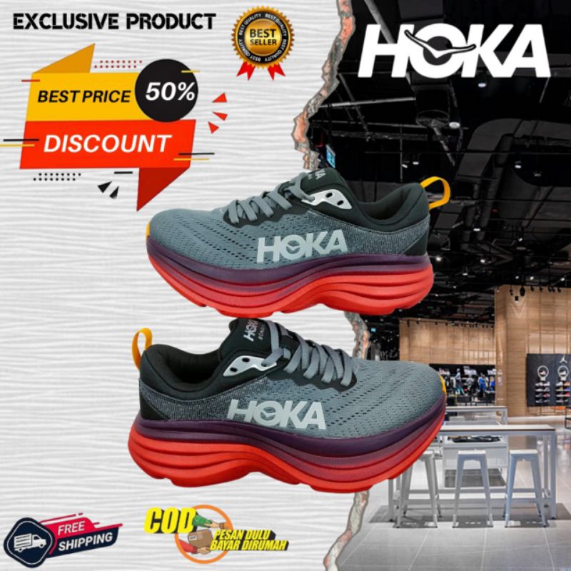 SEPATU HOKA BONDI 8 GREY RED