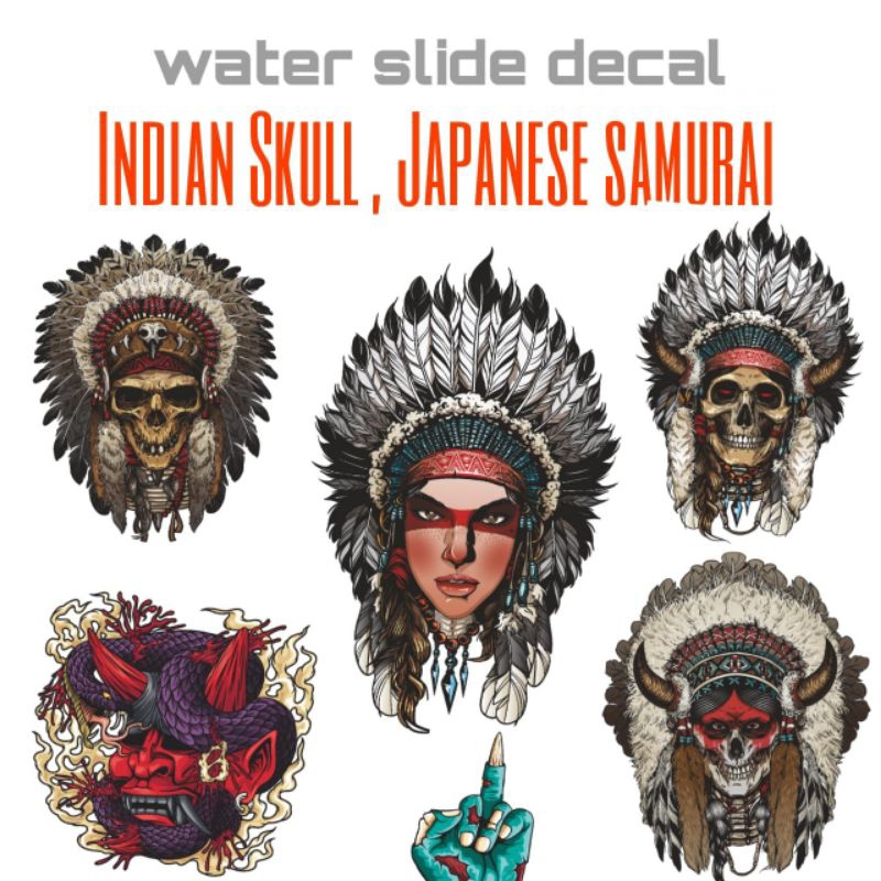 

cetak water slide decal Indian Skull Japanese samurai untuk racing motor helm dll